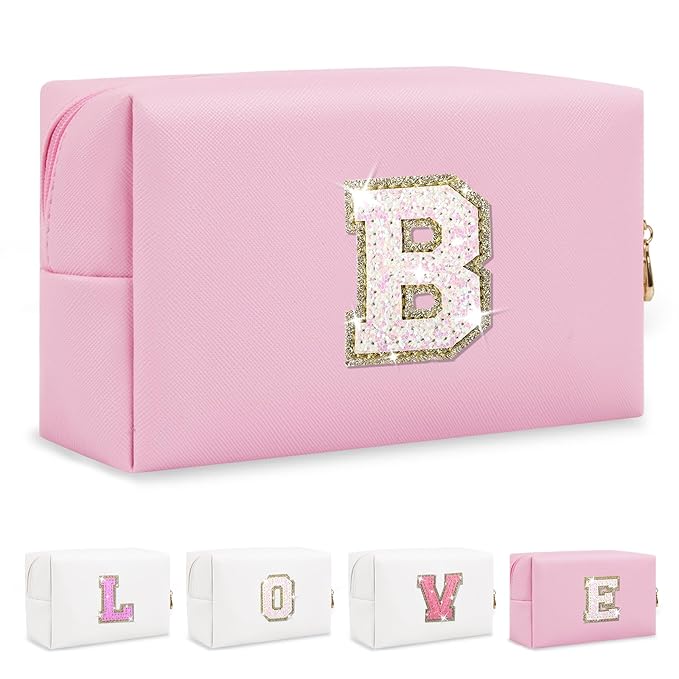 Small Personalized Initial A-Z Patch Makeup Bag,Pink Cute PU Leather Glitter Letter Cosmetic Bag for Teen Girls,Travel Toiletry Bag with Zipper,Preppy Monogrammed Birthday Gift for Daughter Niece B