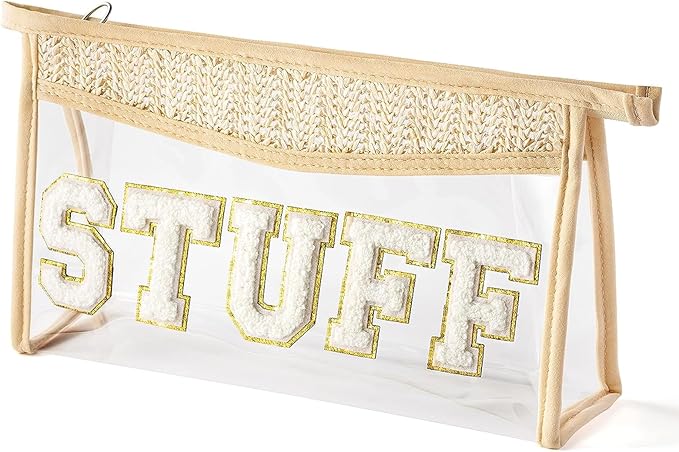 Clear Boho Patch Makeup Bag, Letter STUFF Cosmetic Bag, Transparent Travel Toiletry Bag, Waterproof Snacks Bag, Zipper Sunscreen Bag Gift for Women Girls (Stuff)