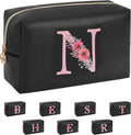 Personalized Initial Makeup Bag, Birthday Gifts for Women and Girls, Small Makeup Pouch Travel Toiletry Bag, Make Up Organizer Bag Gift Trendy Stuff for Friend Mom Teacher, Black