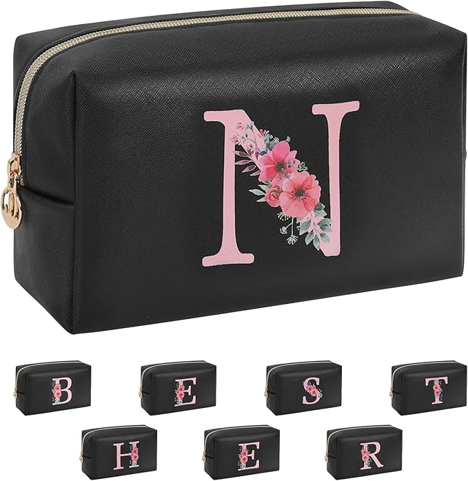 Personalized Initial Makeup Bag, Birthday Gifts for Women and Girls, Small Makeup Pouch Travel Toiletry Bag, Make Up Organizer Bag Gift Trendy Stuff for Friend Mom Teacher, Black