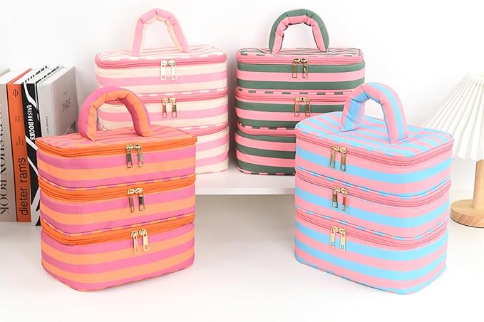 Three Layer Makeup Bag for Women Fashion Stripes Cosmetic Bag Preppy Style Travel Water-Resistant Toiletry Bag for Storage Toiletries Cosmetics Sets for Women Teen Girls Blue