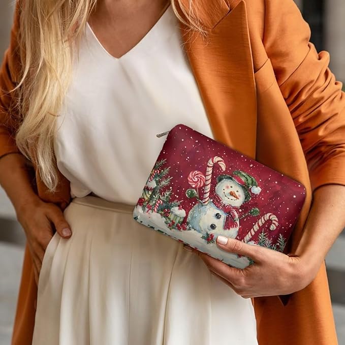 COEQINE Christmas Snowman Candy Make Up Pouches for Women Leather Organizer Cosmetic Bags Waterproof Vegan Leather Toiletry Bags Travel Essentials Pouch Mini Wallet Clutch Handbags
