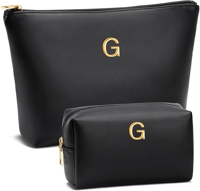 Women Gifts | Initial Makeup Bag Set for Girl Personalized Gifts for Bridesmaid Friend Graduation Teachers PU Leather Cosmetic Travel Toiletry Bag(Black,G)