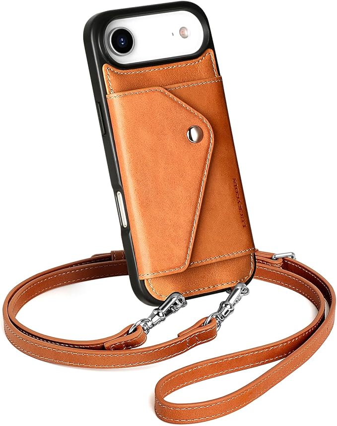 LUCKYCOIN Crossbody Wallet Phone Case for iPhone Air,100% Genuine Leather Wallet Phone Case with Expandable Flip Card Holder,Phone Purse for Women with Adjustable Removable Strap - Tan