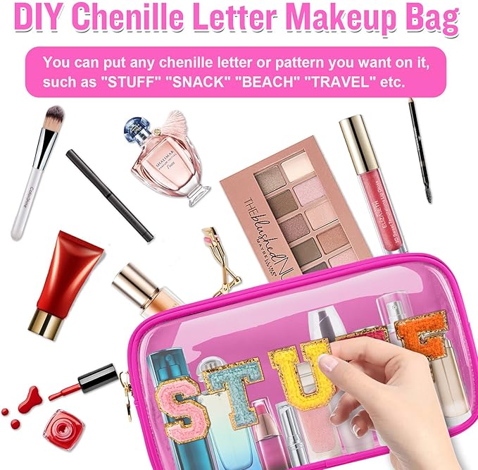 Small Clear Travel Makeup Organizer Bag for Purse, Preppy Makeup Bag Cute Cosmetic Zipper Pouch Purse, Transparent PVC & Nylon Waterproof Toiletry Storage Clutch Coin Pouch for Women Girls(Hot Pink)