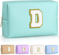 TOPEAST Preppy Small Makeup Bag, Chenille Letter Pouch Cosmetic Bag With Zipper, PU Leather Waterproof Toiletry Bag, Personalized Birthday Gift for Women, Cute Stuff for Girls (Blue D)