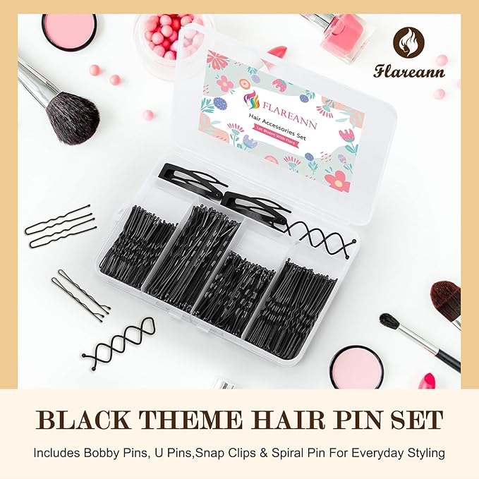 Bobby Pins Set Black – Styling Kit for Women & Girls with Bobby Pins, Spiral Pin & Snap Clips, Great for Updos, Buns, Bridal Looks & Events
