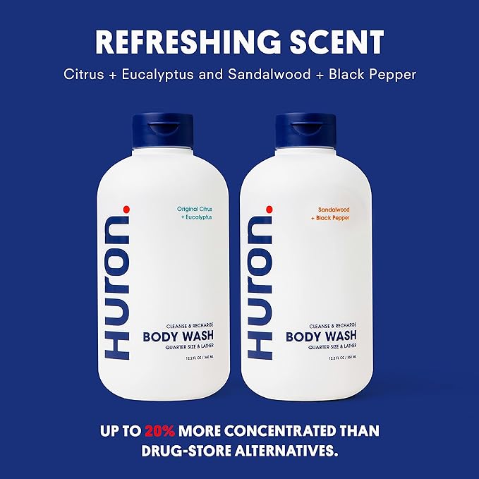 Huron Men’s Moisturizing Body Wash - Clean & Woody Scent of Sandalwood, Black Pepper, Cedarwood, & Amber - Made With Coconut Oil, Vitamin E & Witch Hazel - Vegan, Cruelty-Free - 12.2 fl oz (2 Pack)