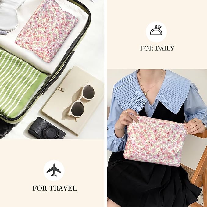STARDW Aesthetic Floral Makeup Bag Cute Small Cosmetic Bags for Women Girls, Travel Toiletry Bag Large Capacity Zipper Makeup Pouch, Purse Organizer Pouches