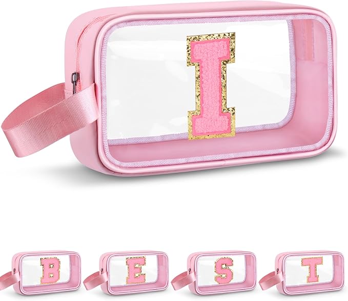 Initial Makeup Bag,Letter I Cute Clear Monogrammed Cosmetic Travel Bag for Womens Girls,Personalized Pink Aesthetic Traveling Make Up Organizer Bag for Beach,Waterproof Toiletry Bag