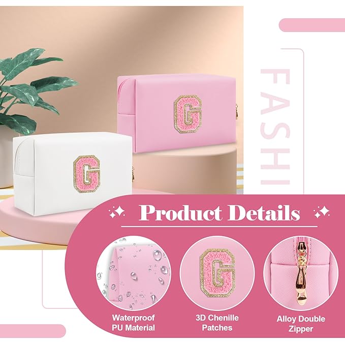 Personalized Initial A-Z Preppy Patch Makeup Bag,Small PU Leather Chenille Letter Cosmetic Bag with Zipper for Teen Girls,Pink Cute Travel Toiletry Bag,Birthday Monogrammed Gift for Daughter,Letter G