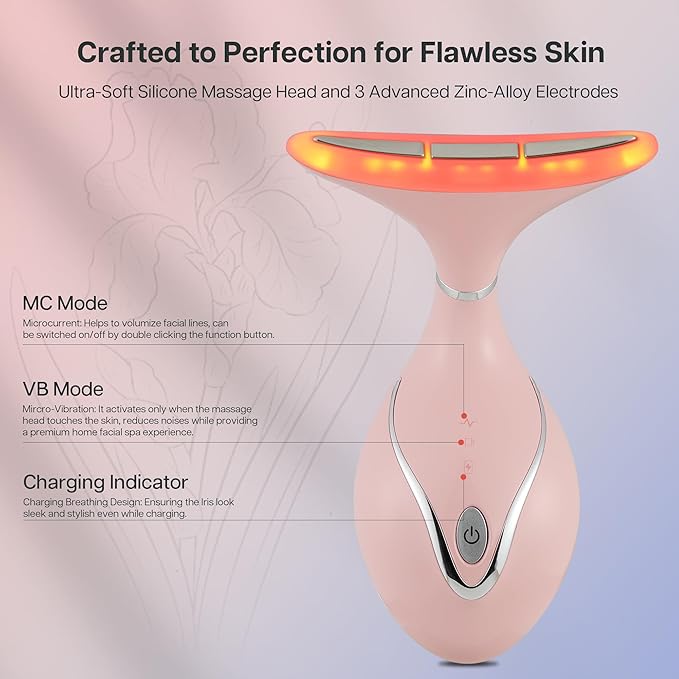 VRAIKO Iris Neck Face Massager, Pro Face Sculpting Tool with Charging Base, All-in-1 Facial Device for Enhanced Absorption, Radiance, Contouring, Elasticity, Home Facial Spa (Pink)