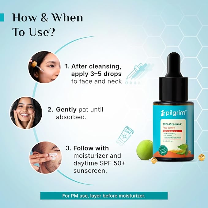10% Vitamin C Face Serum by Pilgrim | Anti Aging Facial Serum with 5% Niacinamide & Kakadu Plum | Reduces Fine Lines, Smooths Skin Texture & Improves Radiance | 1.01 Fl Oz (30ml)
