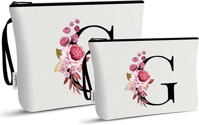 Vavabox A-Z Personalized Makeup Bag, Birthday Gifts for Women Mom, Gifts for Best Friend, Bride Bridesmaid Cosmetic bag (G, 03-White Set)