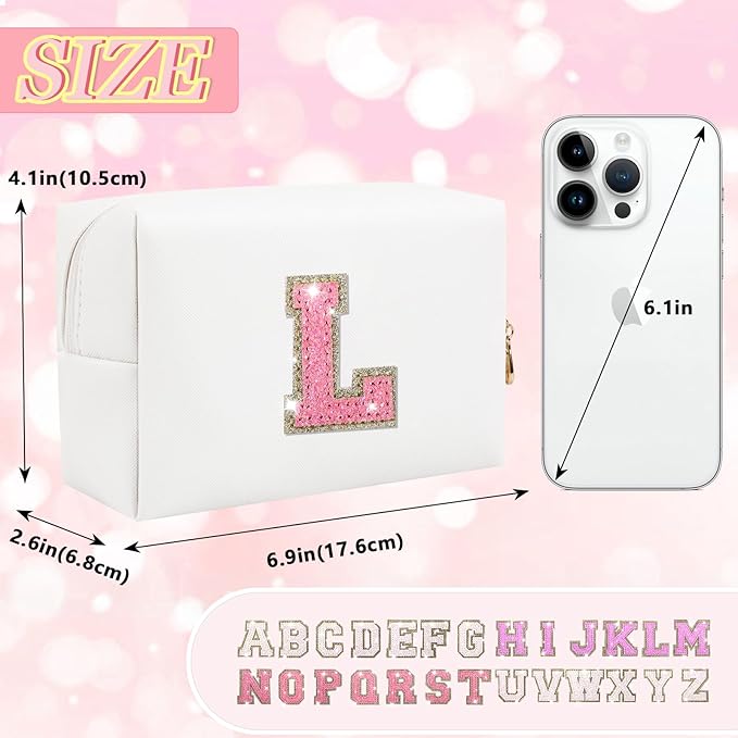 Initial Letter Patch Makeup Bag, Small Preppy A-Z Glitter Letter Cosmetic Bag, PU Leather Waterproof Travel Toiletry Bag, Cute Make Up Pouch Personalized Monogrammed Gift for Women Teen Girls