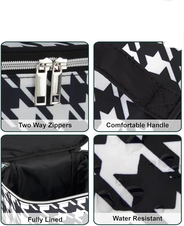 Cosmetic Bag, Travel Case, Makeup Bag, Houndstooth pattern, with Two-Way Zippers, Water Resistant, Fully Lined, 8.7 x 5.9 x 6 inches, Black and White