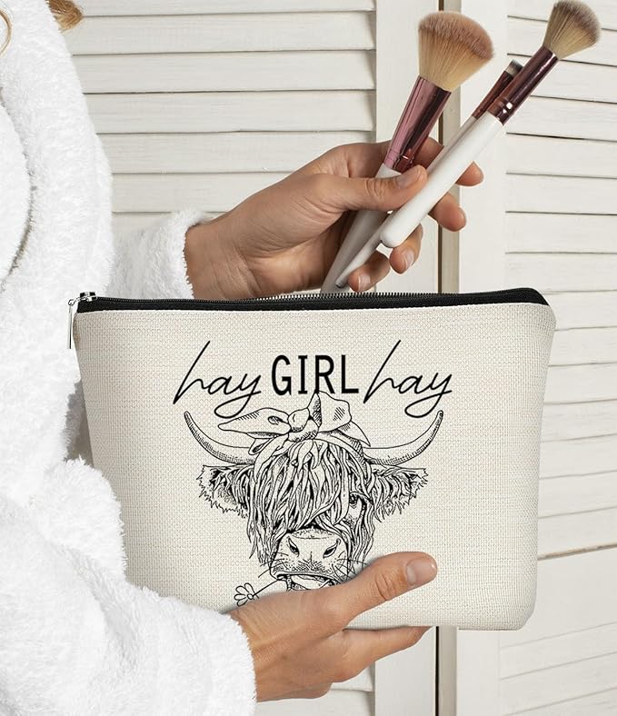 Funny Cow Small Makeup Bag - Cow Lovers Farm Girls Gift, Hay Girl Cosmetic Bag for Birthday or Christmas