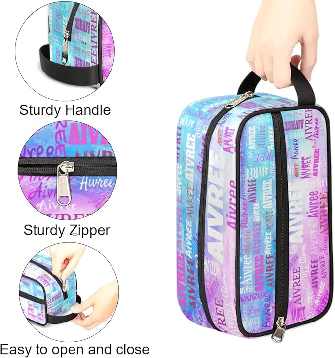 Personalized Name Makeup Bag, Custom Women Cosmetic Travel Toiletry Bag Pouch Organizer for Vacation Weekend, Painted Blue Pink Watercolor