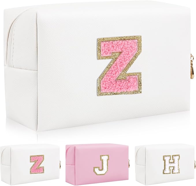 Personalized Initial Letter Patch Makeup Bag, Preppy Portable Chenille Letter Cosmetic Bag with Zipper, PU Leather Waterproof Travel Toiletry Bag Monogram Make Up Pouch for Women Girls(Letter Z)