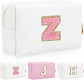 Personalized Initial Letter Patch Makeup Bag, Preppy Portable Chenille Letter Cosmetic Bag with Zipper, PU Leather Waterproof Travel Toiletry Bag Monogram Make Up Pouch for Women Girls(Letter Z)
