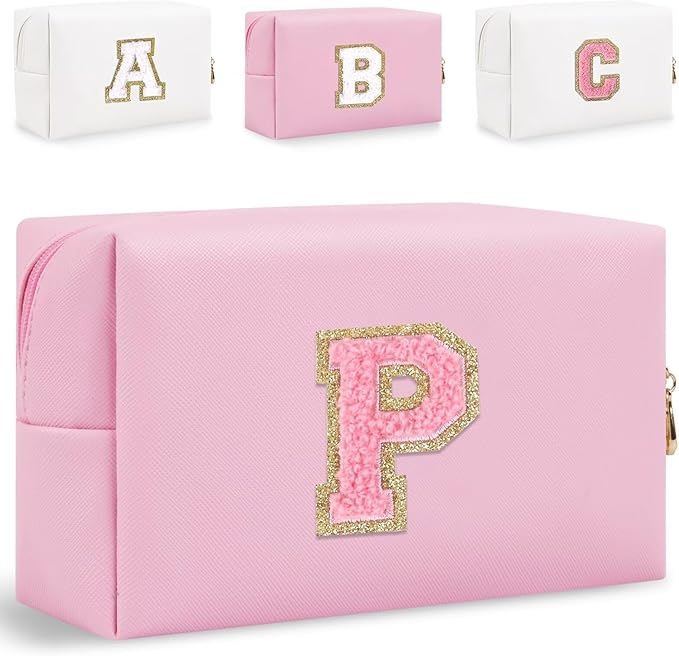 Small Personalized Glitter Initial Letter Makeup Bag, Cute PU Leather Chenille Letters Cosmetic Bag Travel Makeup Pouch, Preppy Travel Organizer Zipper Pouch for Women&Girls（PinkPink-P）