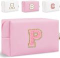 Small Personalized Glitter Initial Letter Makeup Bag, Cute PU Leather Chenille Letters Cosmetic Bag Travel Makeup Pouch, Preppy Travel Organizer Zipper Pouch for Women&Girls（PinkPink-P）