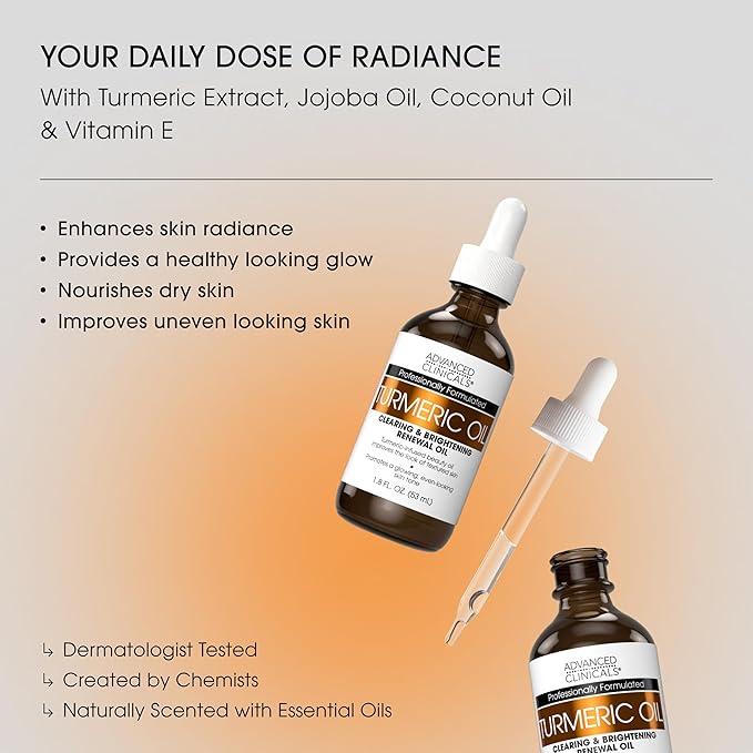 Advanced Clinicals Turmeric Oil Serum For Face | Facial Skin Care Serum With Jojoba + Coconut Oil To Improve Appearance Of Dark Spots & Uneven Skin Tone | Antioxidant Dry Skin Moisturizer, 2-Pack