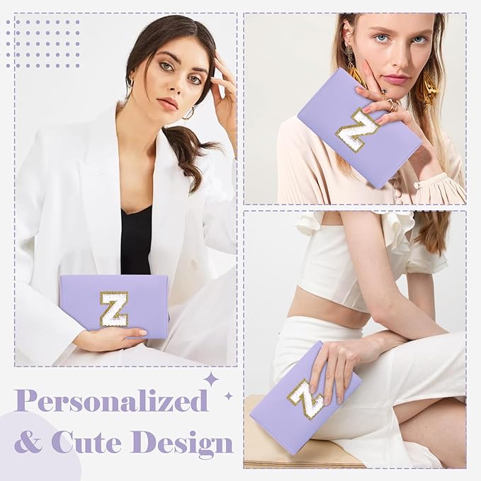 Personalized Makeup Bag Initial A-Z Preppy Patch Bag,Small PU Leather Travel Cosmetic Bag Pouch with Zipper,Purple Cute Toiletry Bag,Gift Ideal for Teen Girls Women Birthday Friend Mom,Latter Z