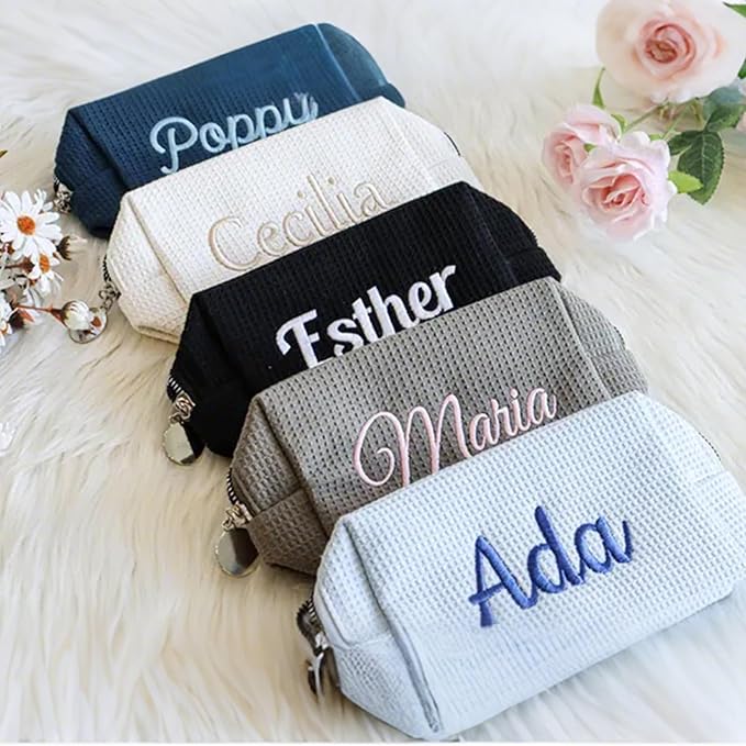 Personalized Embroidered Waffle Cosmetic Bags, Custom Thicken Beauty Makeup Packet Bag for Women Girls, Travel Makeup Pouch, Aesthetic Toiletry Case, Bridal Bridesmaid Party, Birthday, Wedding Gifts