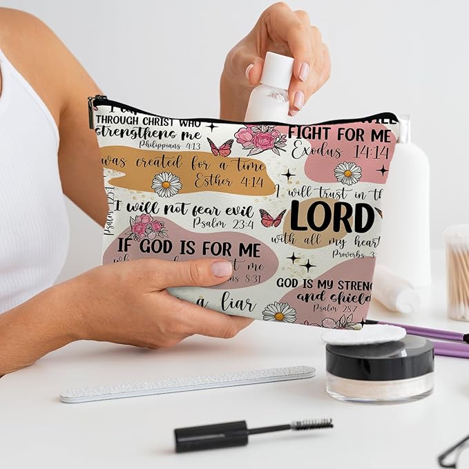 Bible Christian Makeup Bag, Scripture Cosmetic Leather Bag Pouch, Christian Gifts for Women Faith, Bible Verse Gifts, Religious Christian Gifts for Women(PU)