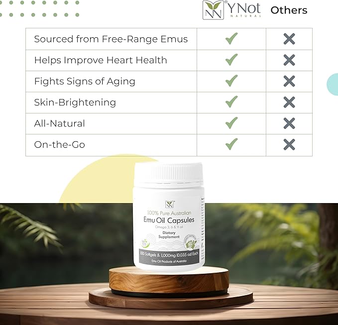 Emu Oil Capsules - Heart, Hair, Metabolism & Joint Support Supplement - Pharmaceutical Grade Emu Oil with CLA, Omegas 3, 6 & 9 with Vitamin K2, A & E by Y-Not Natural - 1000mg, 100 Capsules