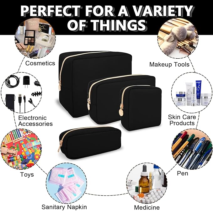 Waterproof Large Makeup Pouch,Nylon Women Travel Toiletry Storage Preppy Cosmetic Bag for Girls,Big Makeup Organizer Bag Cute Zipper Pouch for Sport Work Gift(Large-Black)