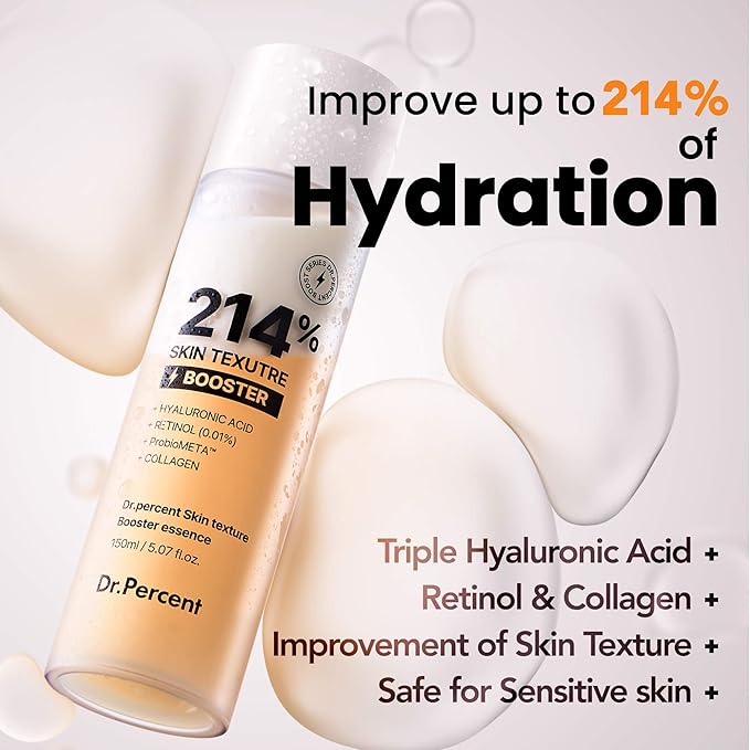 Skin Texture Booster 214% Essence – Deep Hydration, Glass Skin, Triple Hyaluronic Acid, Collagen & Retinol, Lightweight & Non-Sticky, Visibly Plumping Effect, Korean Skincare, 5.07 fl oz