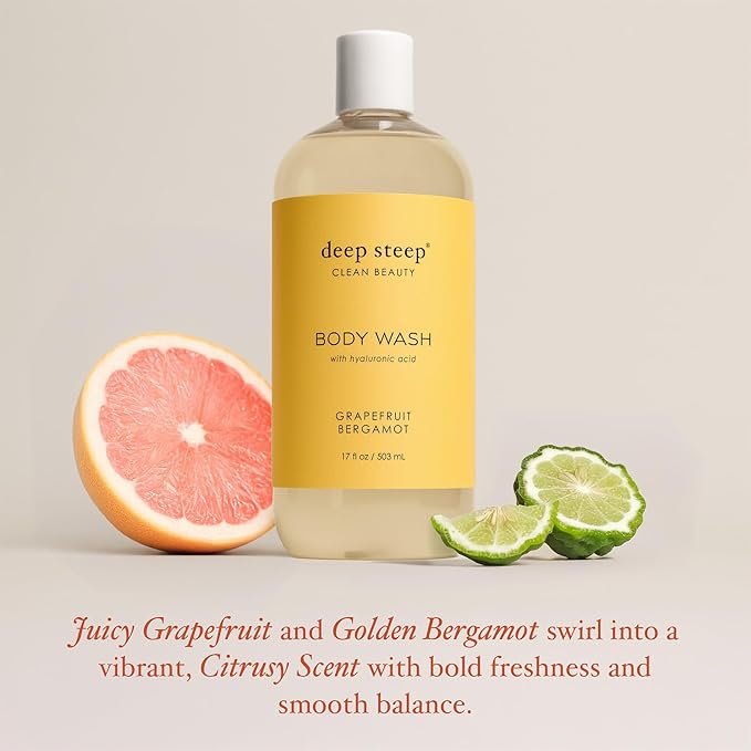 Deep Steep Body Wash, Grapefruit Bergamot, 17 oz – Hydrating Shower Gel with Hyaluronic Acid, Shea Butter, Aloe Vera & Argan Oil – Vegan, Clean Beauty, Clean & Refreshed Skin