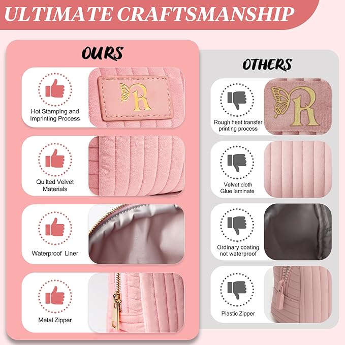 Monogrammed Make Up Bags for Women,Personalized Cosmetic Bags Women,Small Quilted Makeup Pouch,Cute Makeup Bag Travel,Birthday Gifts for Teen Girl (Pink R)