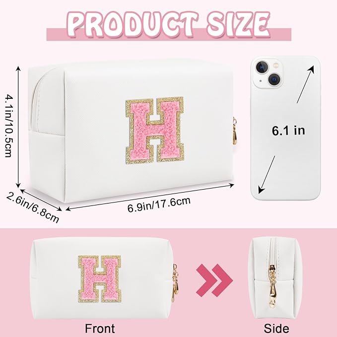 Personalized Chenille Letter Preppy Makeup Bag, Small White Travel Cosmetic Bag Initial Toiletry Zipper Pouch Monogram Makeup Storage, Waterproof Makeup Storage Travel Essentials for Female(Letter H)