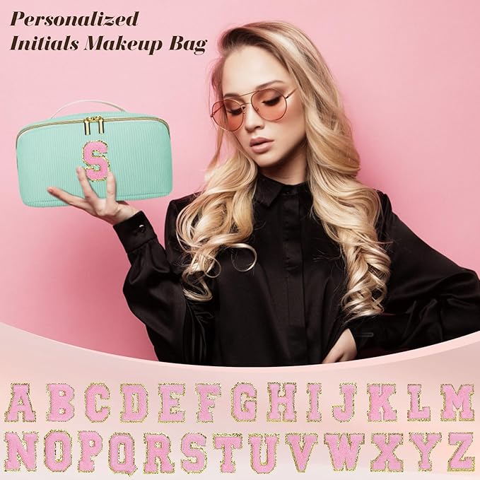 Personalized Initial Makeup Bag,Christmas Gifts for Girl,Preppy Bag Cosmetic Travel Bag Women,Travel Toiletry Organizer,Large Capacity Corduroy Stuff Bag,Cute Cosmetic Pouch Skincare Bag-Q