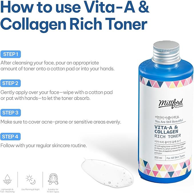 Vita A & Collagen Rich Toner 200ml/6.76 fl.oz - Anti-Aging Retinol Face Toner with Marine Collagen & Panthenol for Fine Lines, Wrinkles, Elasticity & Deep Hydration, Korean Skincare