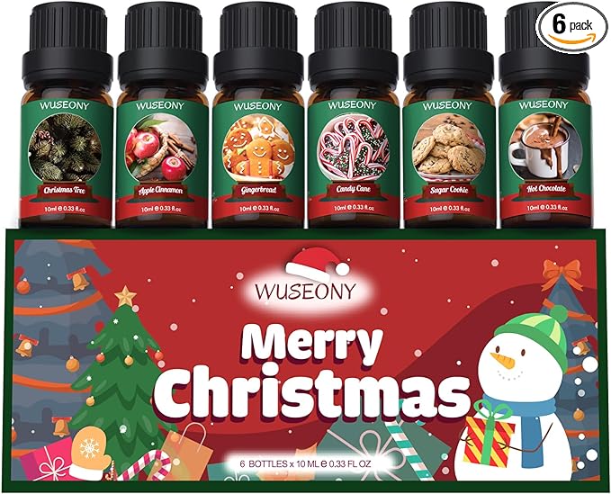 Christmas Fragrance Oils Set, Essential Oils for Diffusers Home, Aromatherapy Oils Gift for Candle Making - Christmas Tree, Apple Cinnamon, Gingerbread, Candy Cane, Sugar Cookie, Hot Chocolate