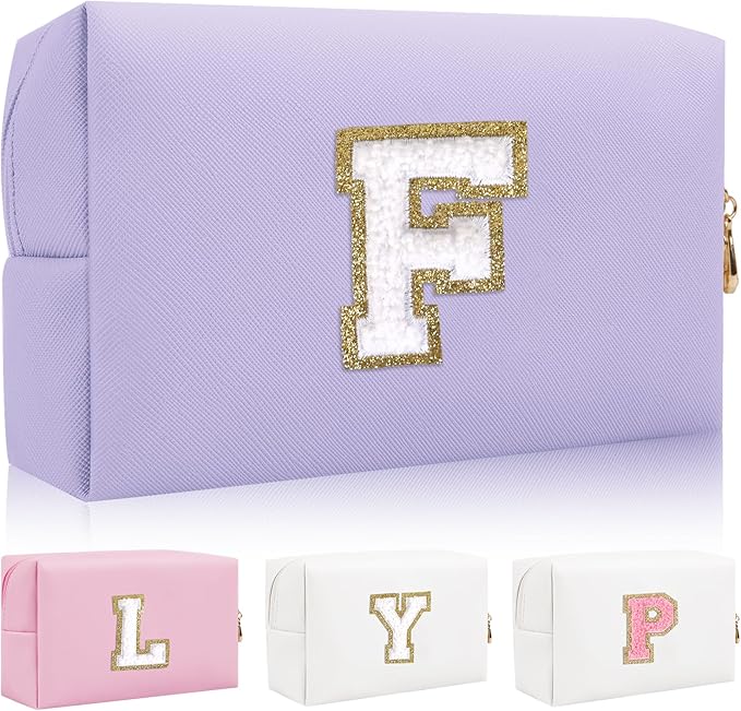 Personalized Initial Letter Patch Makeup Bag, Preppy Small Chenille Cosmetic Bag with Zipper, PU Leather Waterproof Travel Toiletry Bag Monogram Make Up Pouch for Women Girls