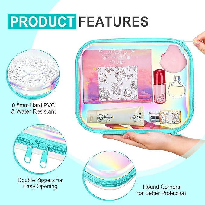 Sanwuta 6 Pcs Clear Hard Zipper Case Hard Plastic Zipper Pouches Makeup Bag Pencil Pouches Transparent Cases for Snacks Plastic Storage Organizer Box for Travel(Holographic,9.84 x 7.87 x 2 Inch)