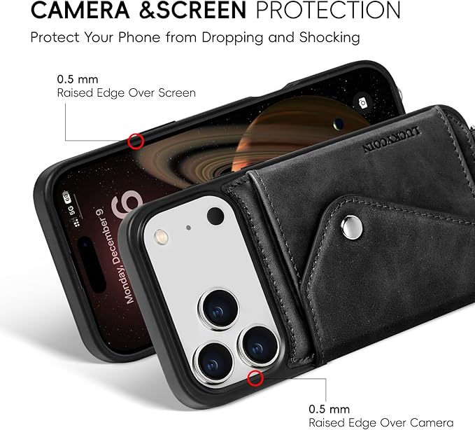 LUCKYCOIN Crossbody Wallet Phone Case for iPhone 17 Pro Max,100% Genuine Leather Wallet Phone Case with Expandable Flip Card Holder,Phone Purse for Women with Adjustable Removable Strap - Black