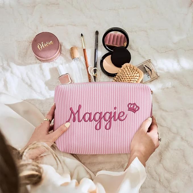 Personalized Seersucker Makeup Bag with Embroidered Name&Birth Flower,Custom Small Travel Cosmetic Bag Toiletry Bag Wedding Gifts for Bridesmaid Bride (4-Makeup Bag with Crown)
