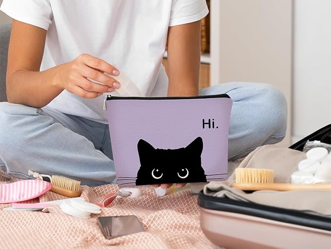 Cute Cat Makeup Bag, Black Kitty Cosmetic Pouch - Retro Stripes