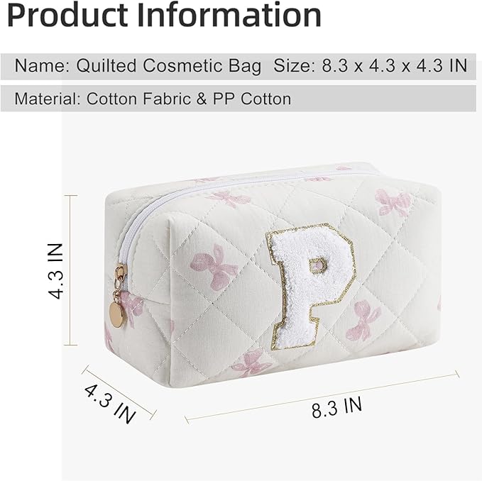 Gleyemor Personalized Initial Makeup Bag for Women, Cute Quilted Pink Floral Cotton Cosmetic Bag, Christmas Gifts for Her Mom Friend Sister Bridesmaid Teacher Women P