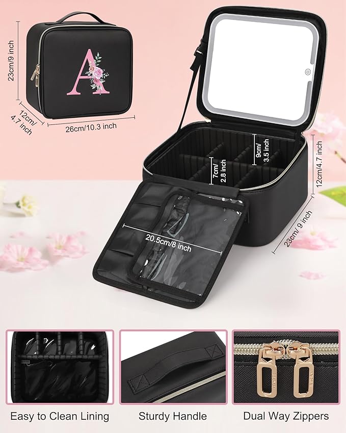 Relavel Initial Makeup Bag with LED Mirror for Women Girls, Personalized Travel Cosmetic Organizer Train Case, Birthday Gifts for Grandkids Bridesmaid Graduation Teacher Friends, Trendy Stuff, Black A