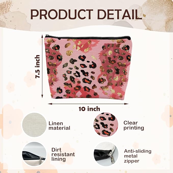 Gold and Pink Leopard Print Makeup Bag, Preppy Girly Cosmetic Bags Gifts for Women, Funky Y2k Cheetah Print Portable Travel Toiletry Bag Zipper Makeup Pouch