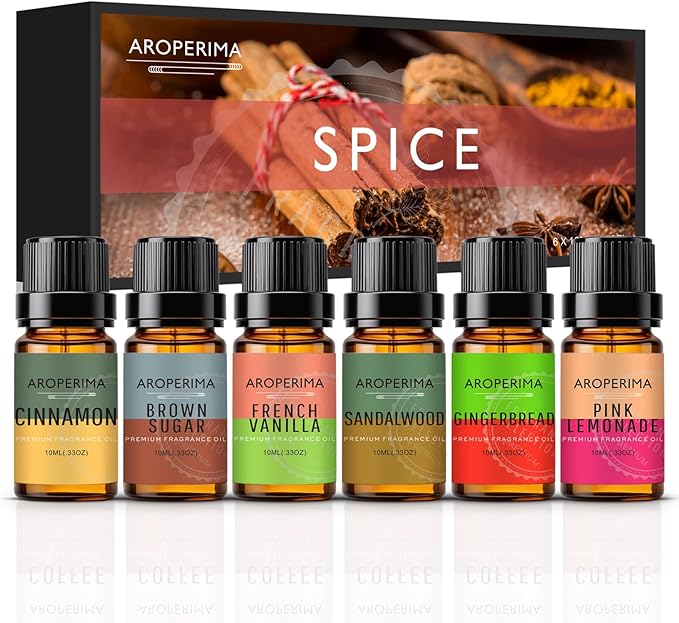 SPICE Fragrance Essential Oil Set - Gingerbread, Pink Lemonade, French Vanilla, Cinnamon, Brown Sugar, Sandalwood 6x10ML for Diffusers, Aromatherapy, Massage, Perfume, Soap Making and Candle