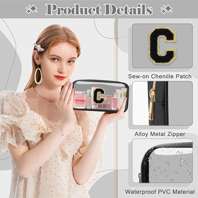 Personalized Initial Letter Clear Makeup Bag,Preppy Small Nylon&PVC Cosmetic Zipper Bag with Chenille Letter,Travel Skincare Toiletry Bag,Monogram Christmas Gift for Teen Girls Women,C
