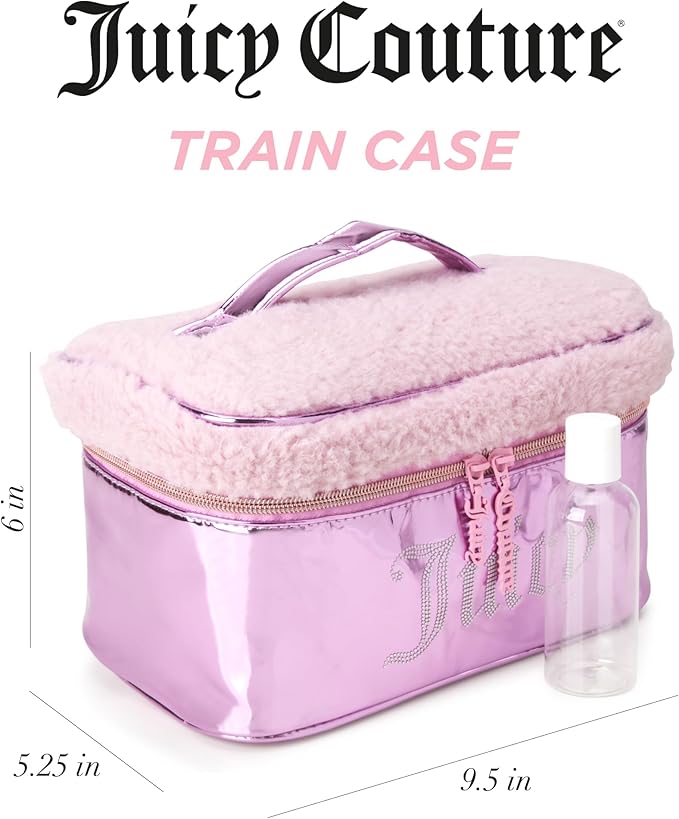 Juicy Couture Pink Makeup Bag Cosmetics Organizer Travel Essentials Train Case Shiny Rhinestones Faux Shearling